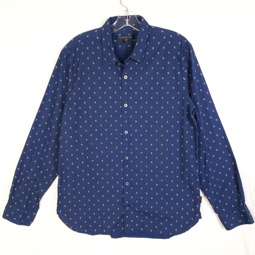 JOHN VARVATOS Skull Print Button-Up Shirt Navy Blue Men's size M Cotton